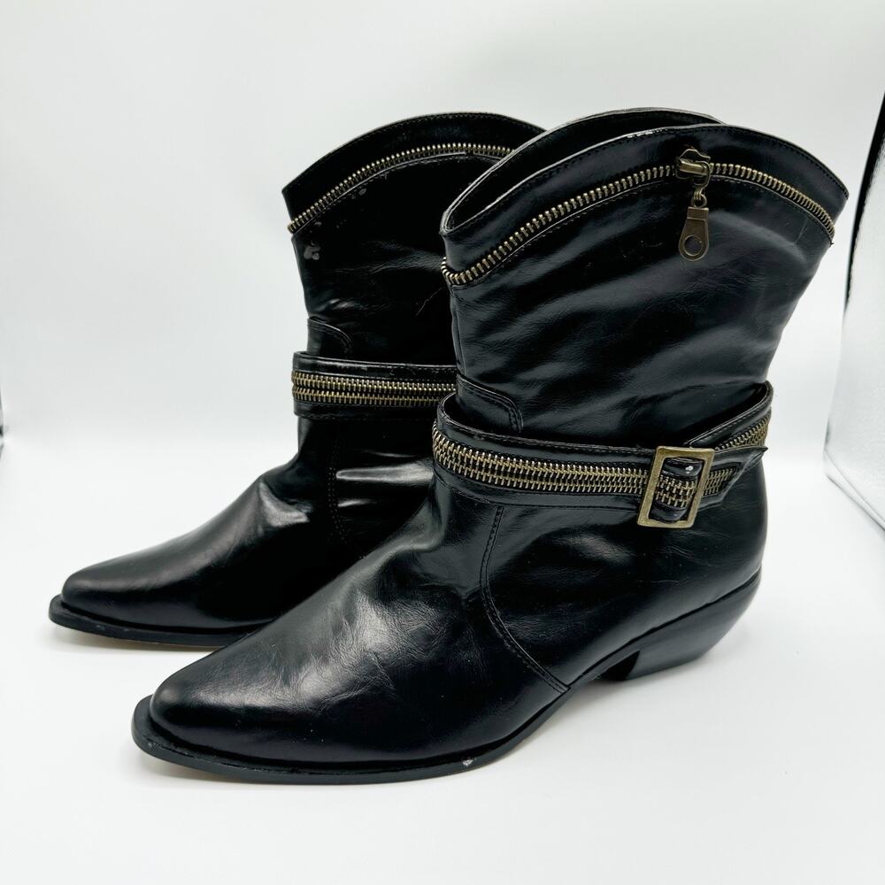Wicked Wednesday Black Faux Leather Pointy Tie Boots Gothic Witchy Zippers 11